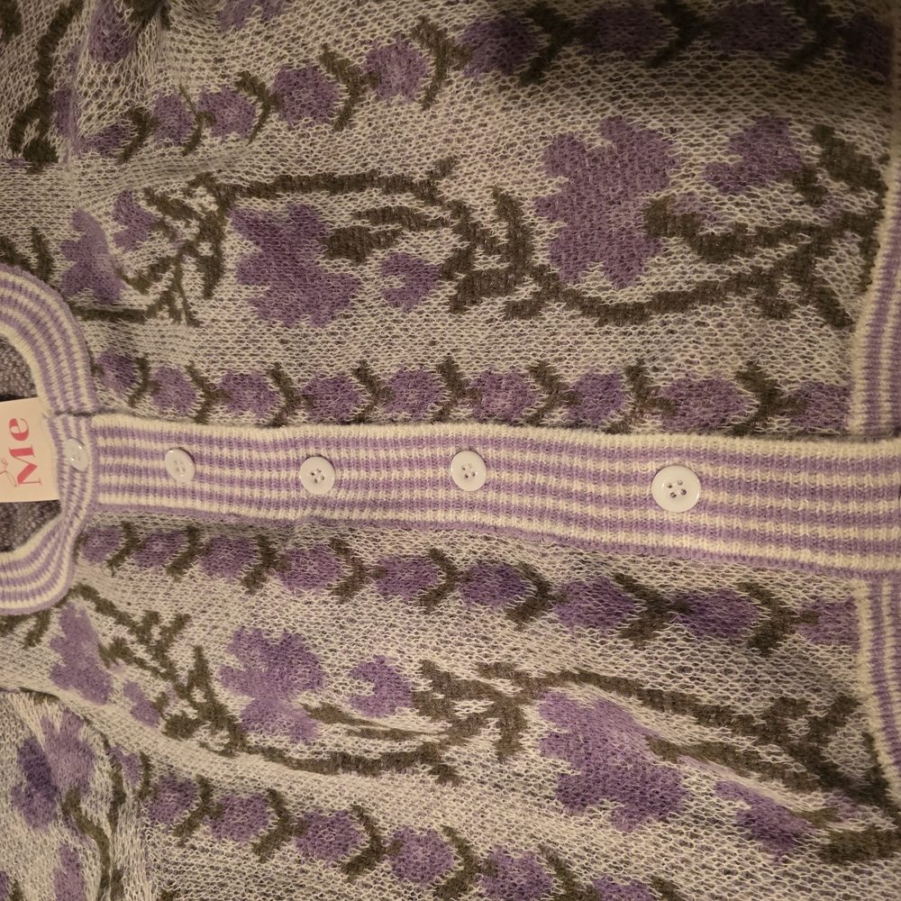 Floral Knit Cardigan Sweater - Purple and Gray